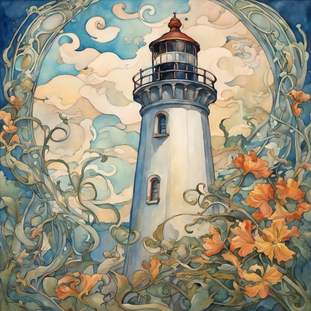 Art Nouveau Lighthouse with Vines and Flowers