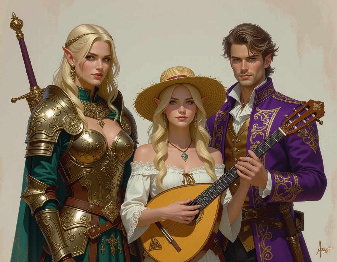 Paladin Elf, Lute Player, and Mage in Photorealistic Detail