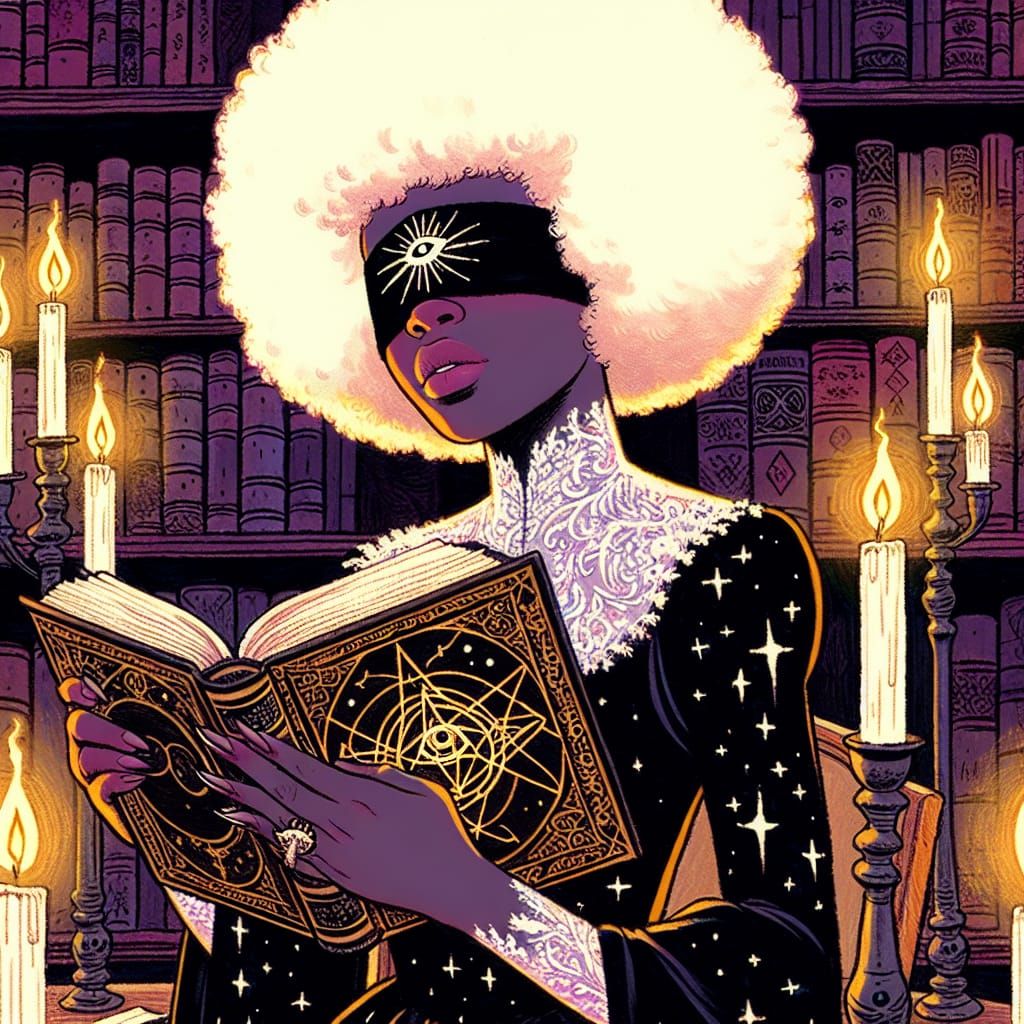 Whimsical Victorian Sorceress in a Candlelit Library