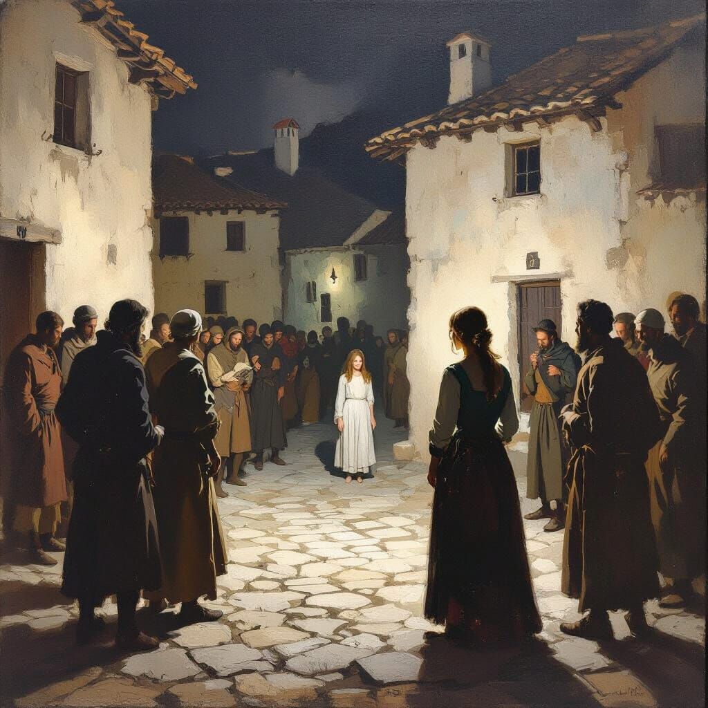 Caravaggio Style Oil Painting of Village Justice Scene