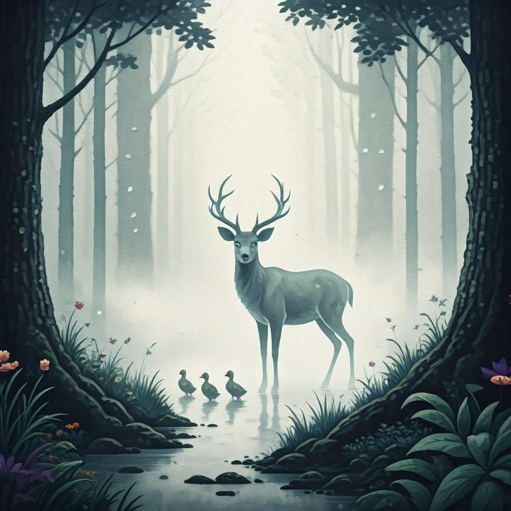 Ghostly Deer Leads Ducklings: Sumi-e Painting
