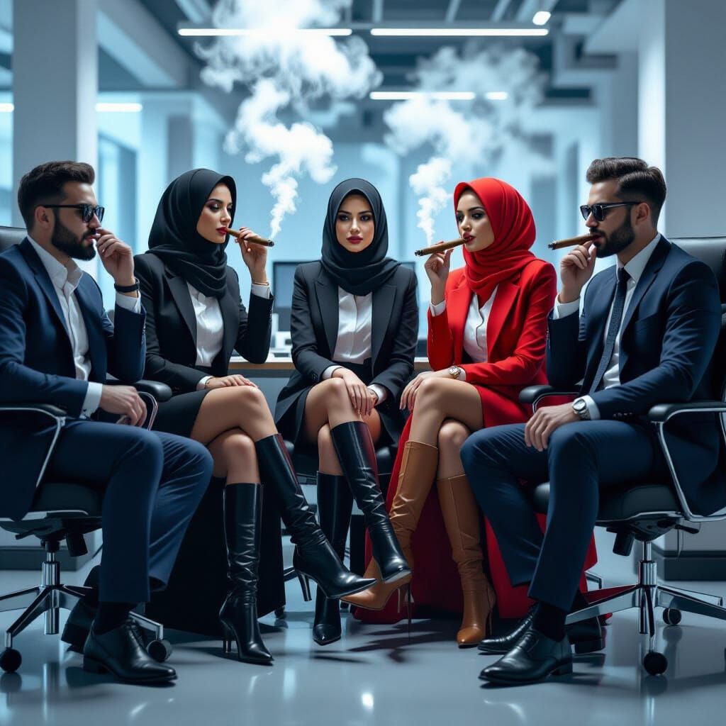 Modern Muslim Women Smoking Cigars in Cyberpunk Office