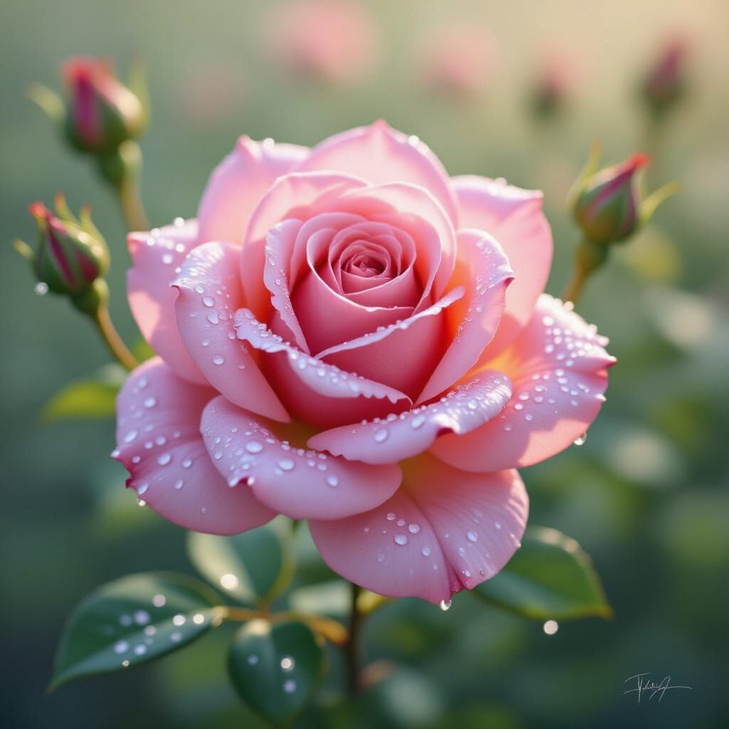 Whimsical Rose Glistening with Morning Dew