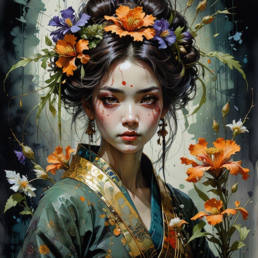 Belle Geisha aux cheveux noirs et aux yeux bleus en robe orange jaune rouge blanc lilas et verte touchant un reflet miro...