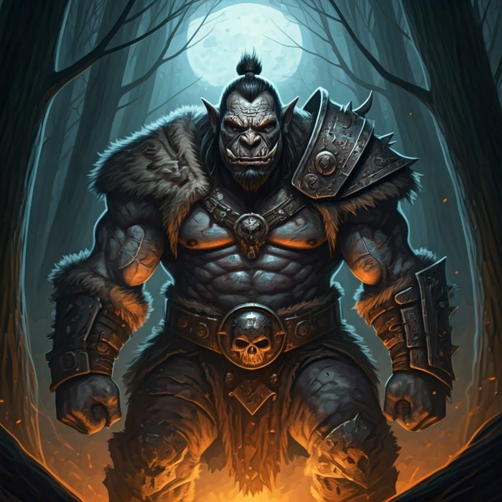 Monochrome Ork Barbarian Warrior in Forest, Charcoal Drawing