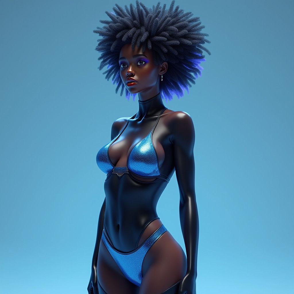 High-Tech Black Woman in Shiny Rubber Skinsuit