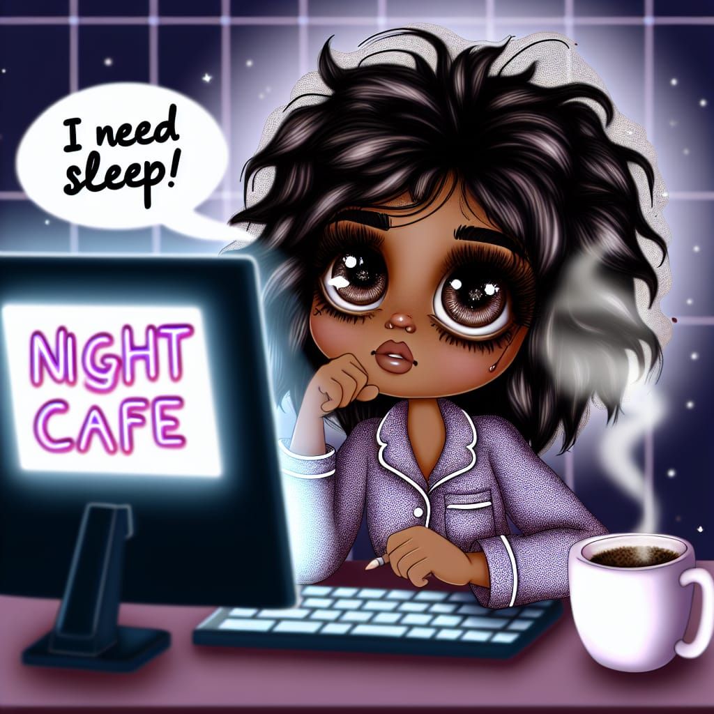 Whimsical Cartoon of Sleepy Woman at Computer