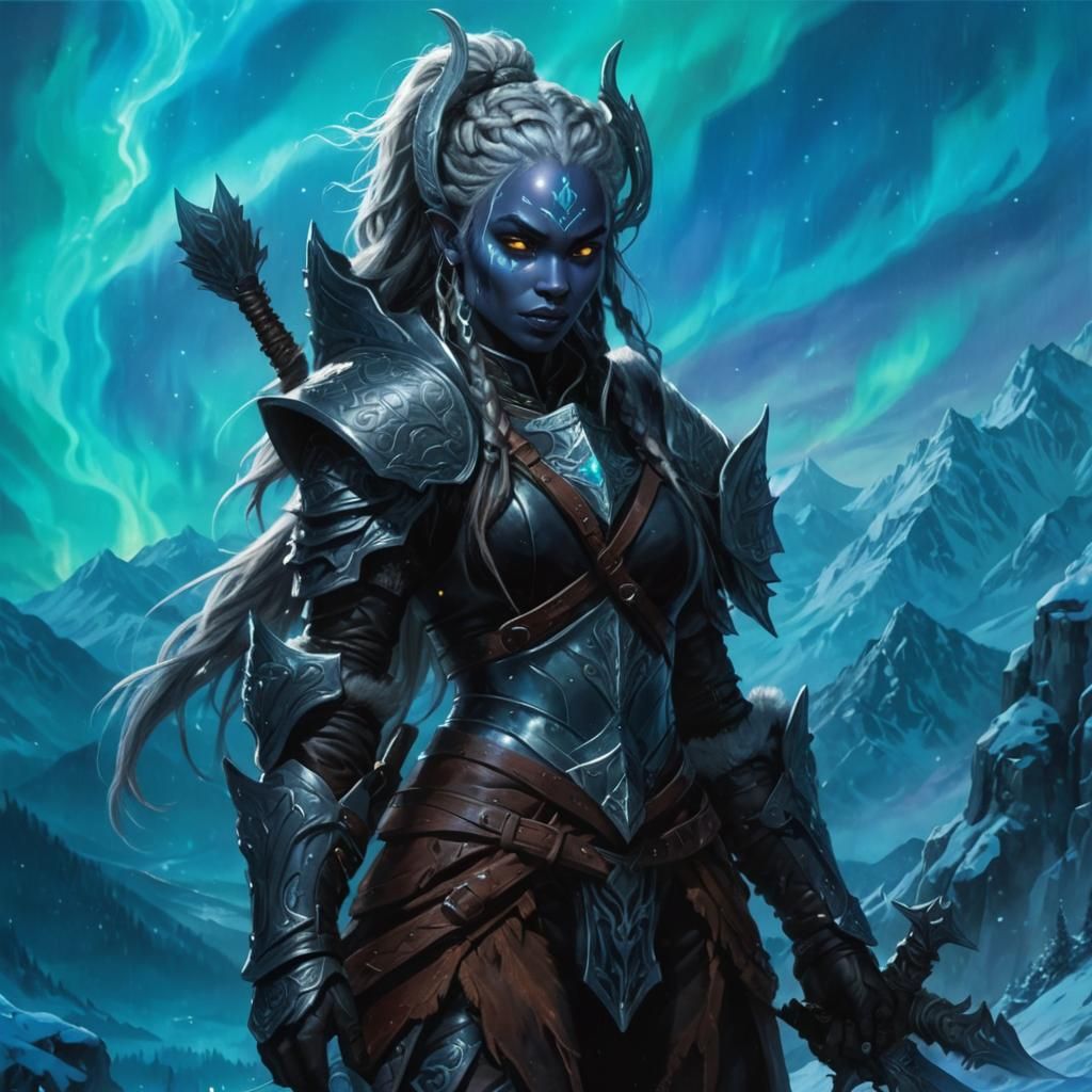 Drow Warrior in Winter Landscape with Aurora