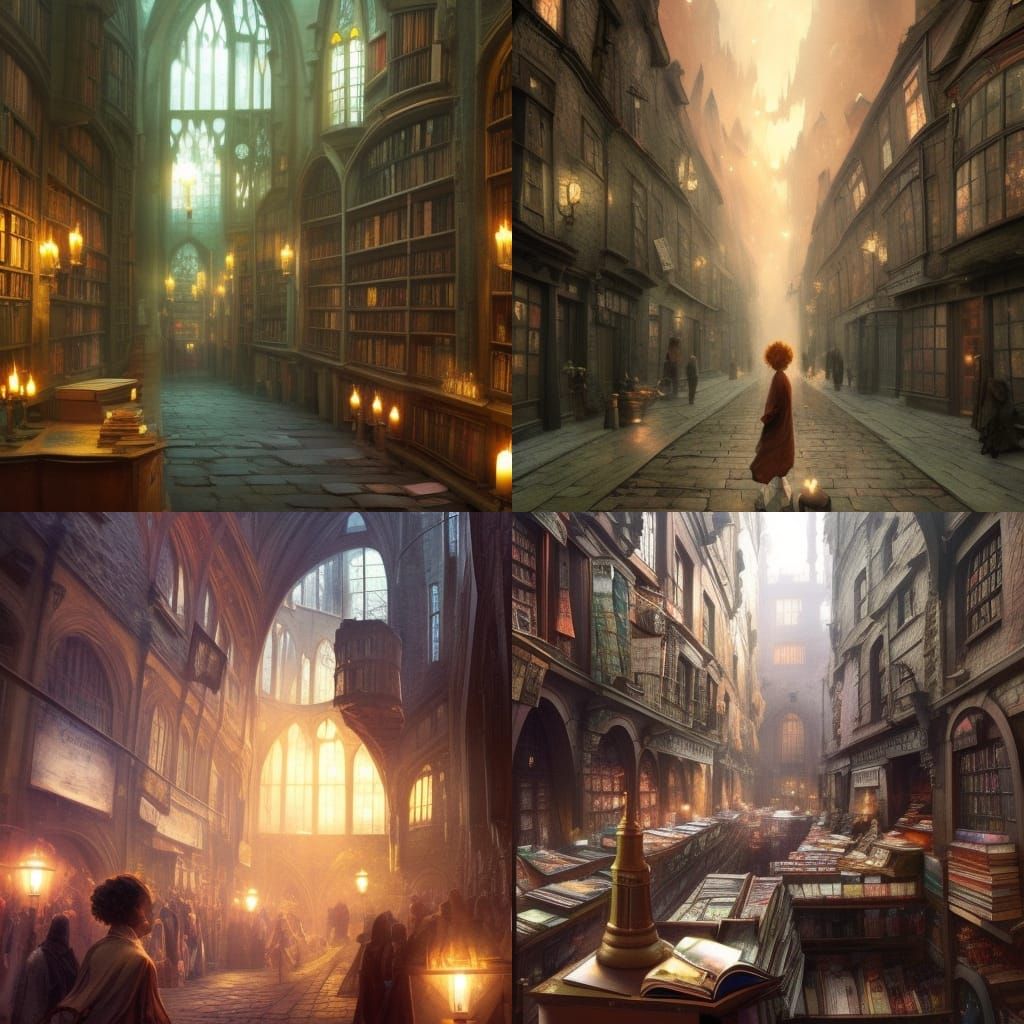 Magical Bookstore Concept Art in Art Nouveau Style