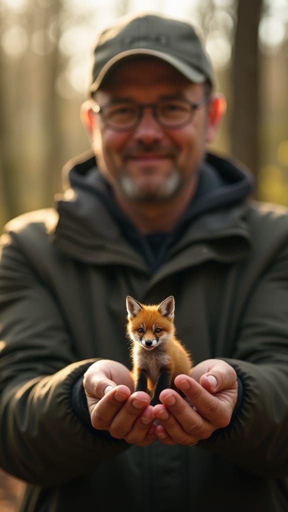 Man Holds Miniature Fox in Hand, Photorealistic