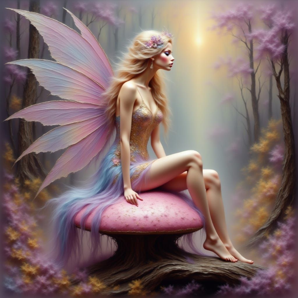 Surreal Fairy Seated on Vibrant Mushroom