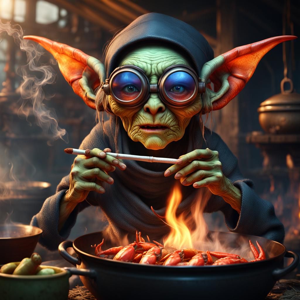 Goblin Chef Cooking Crab Over Fire