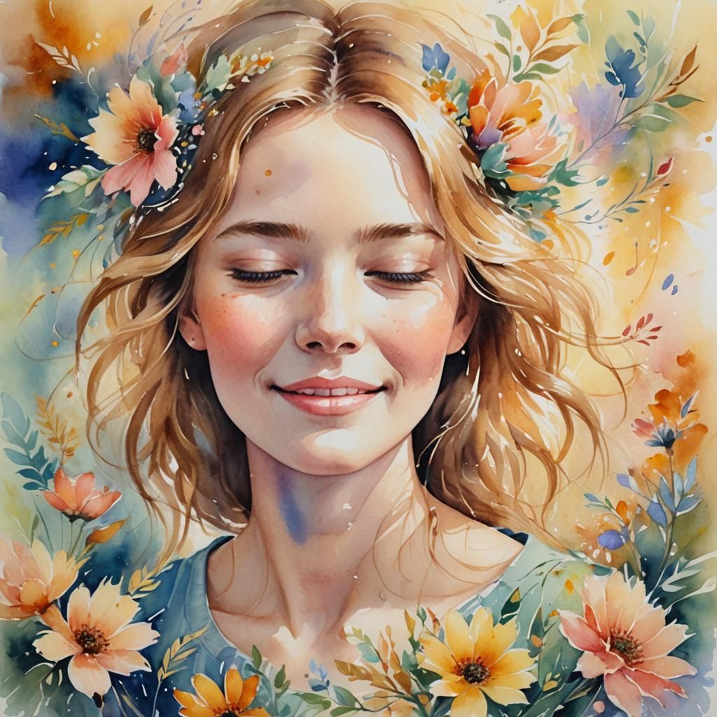 Watercolor Portrait with Floral Patterns and Soft Light