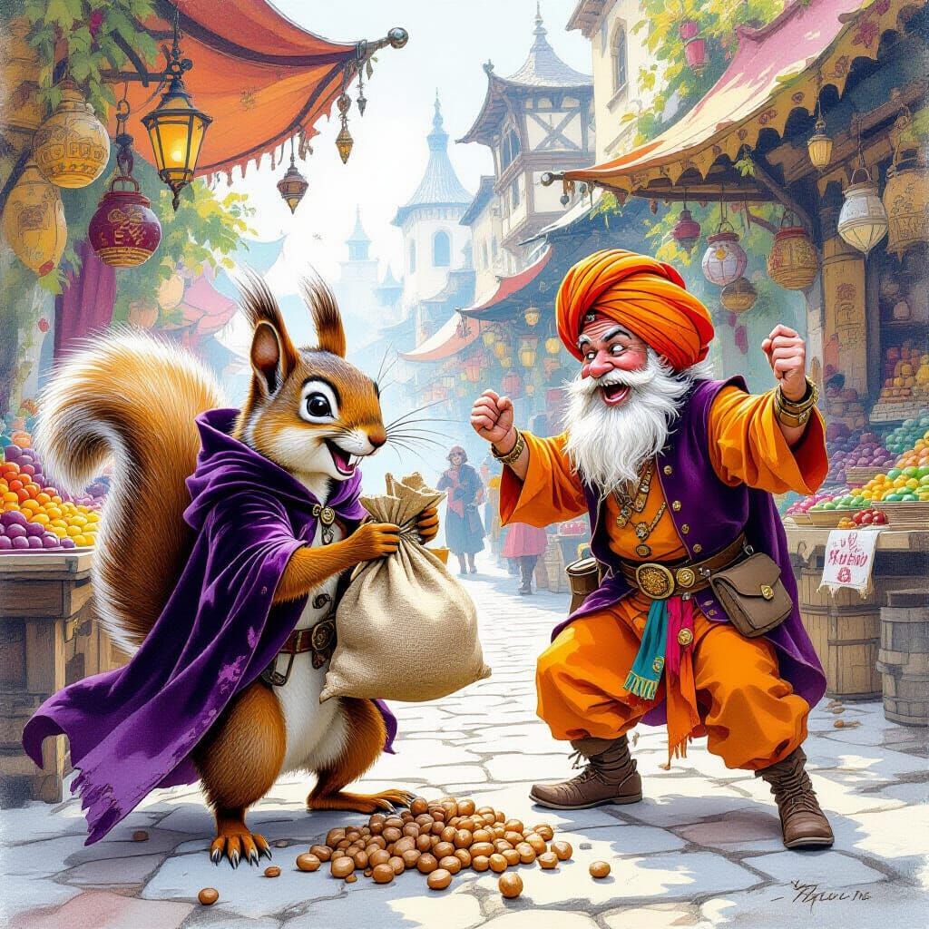 Squirrel Thief in Fantasy Marketplace, Art Nouveau Style