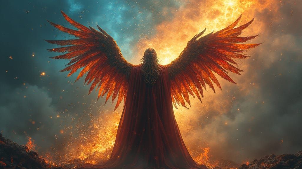 Ethereal Wizard Transforms into Multicolored Phoenix