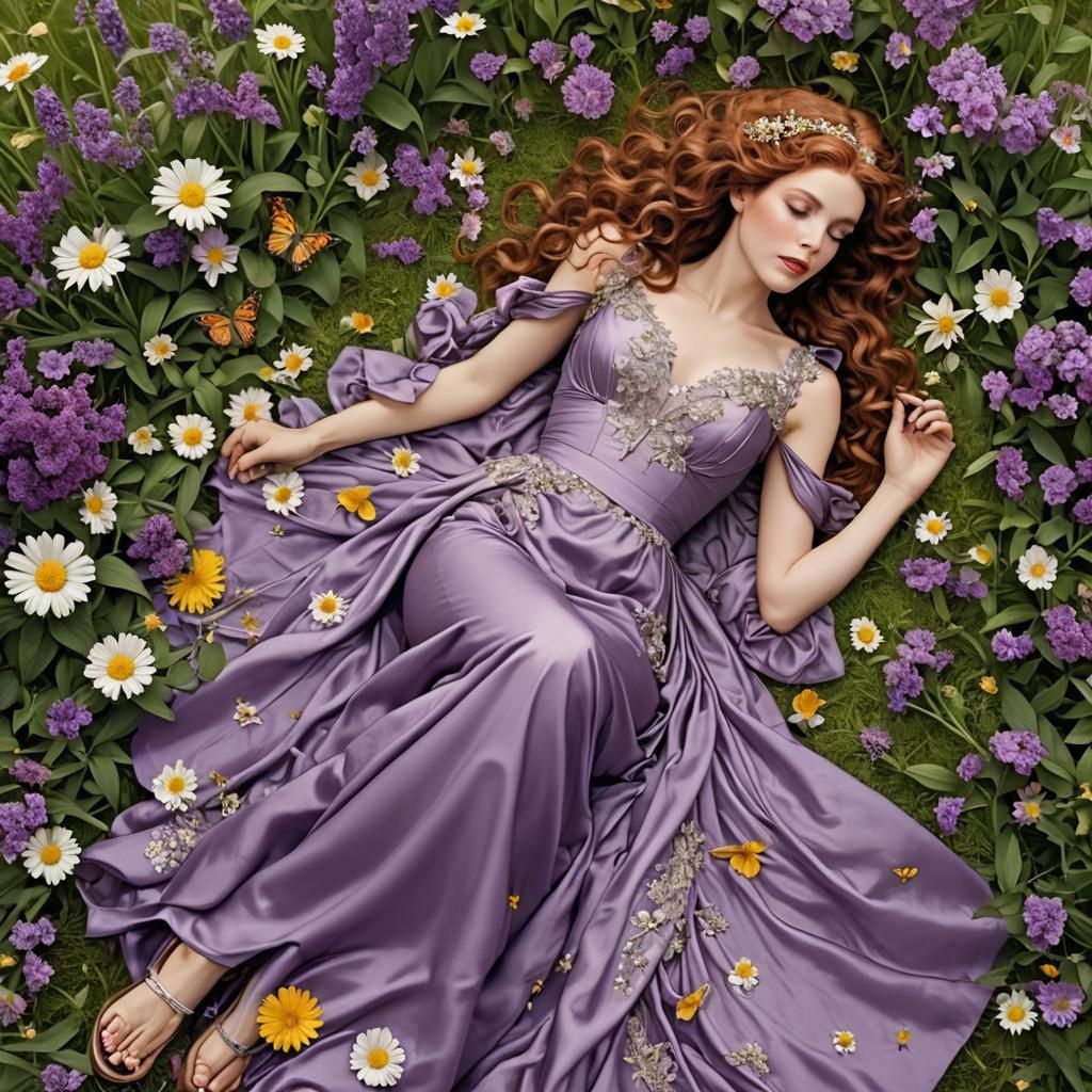 Captivating Woman in a Flower Meadow, Art Nouveau
