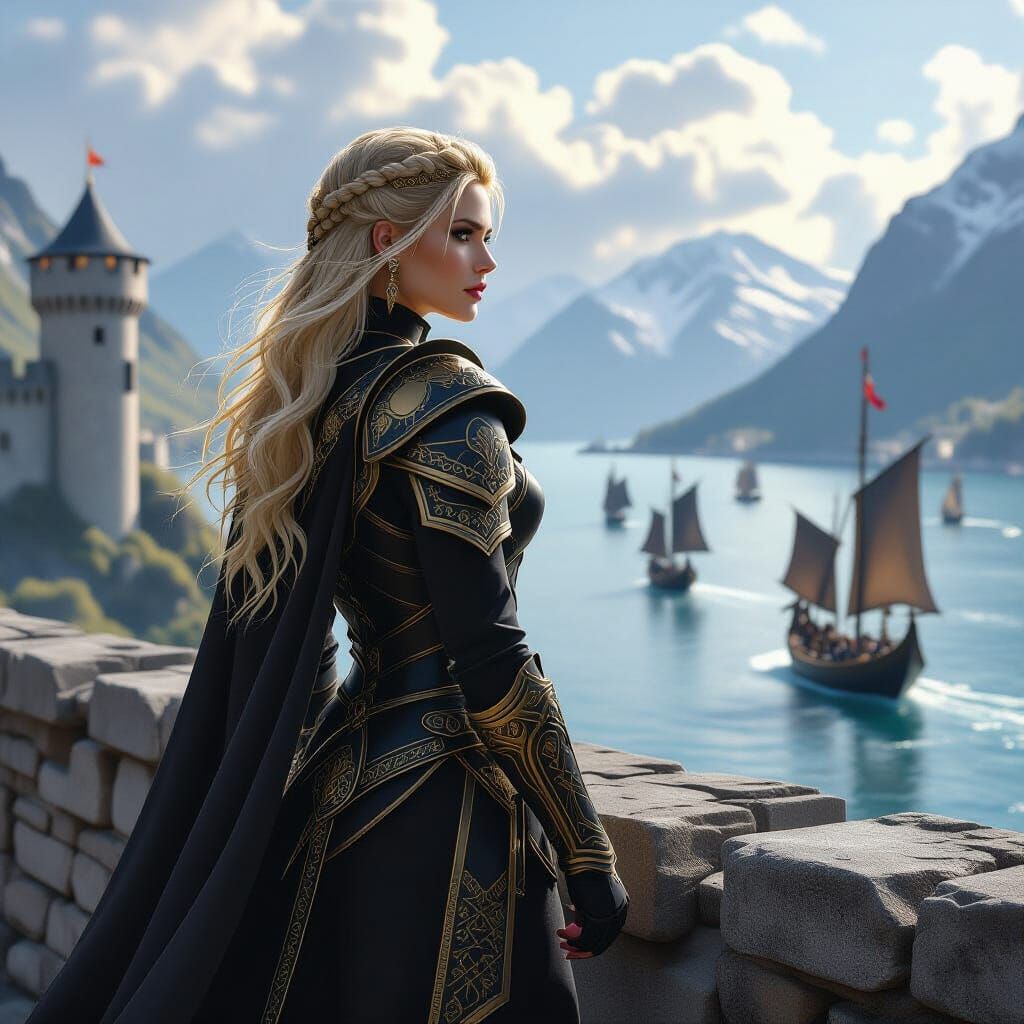 Norse Queen in Armor Watches Naval Battle from Castle