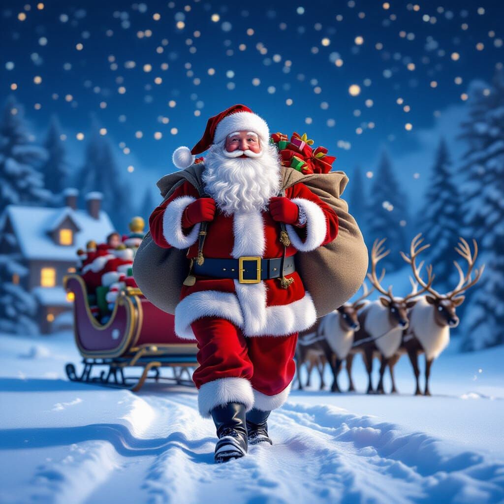 Realistic Santa Claus in Snowy Night Fantasy Art