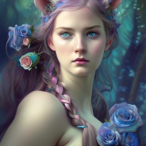 Troubled Unicorn Girl with Roses: Hyperdetailed Portrait