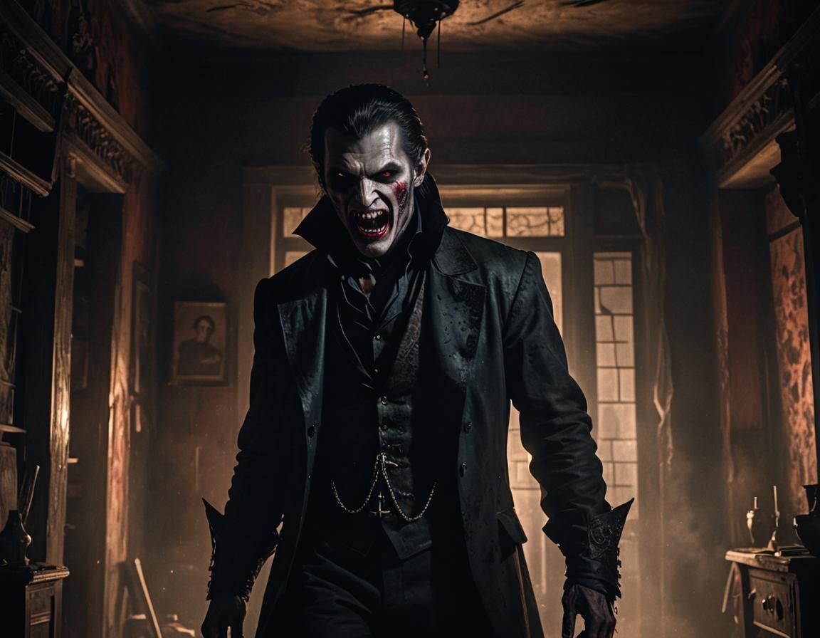 Menacing Vampire in Eerie Old House with Candlelight