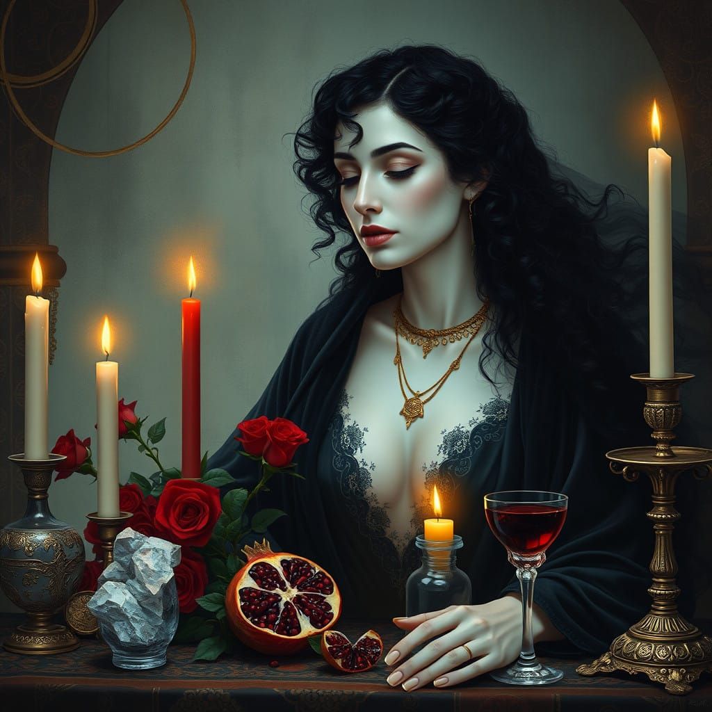 Luminous Moroccan Witch at Altar, Invoking Goddess Lilith