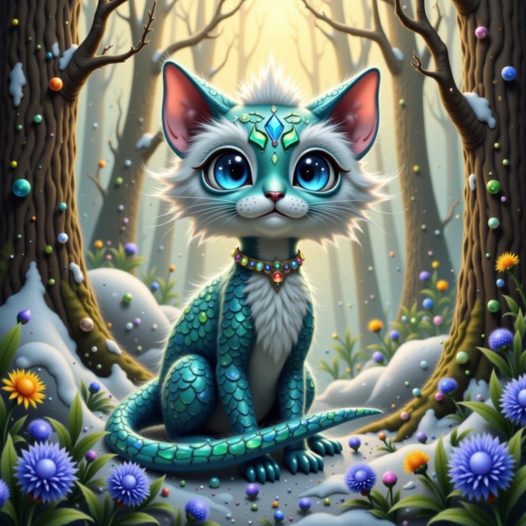 Dragon-Cat Hybrid in Winter Forest, Painterly Style