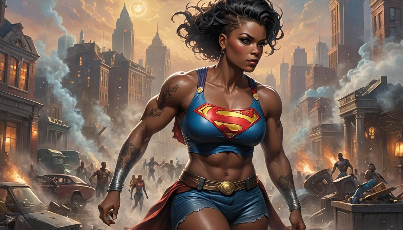 Ebony Bodybuilder with Tattoos Flexing in Fantasy Style