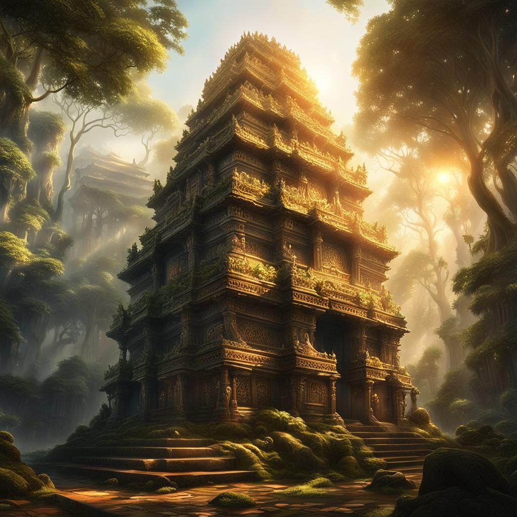 Ancient Temple in Misty Forest: Hyperrealistic Splash Art