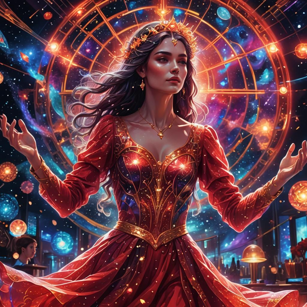 Cosmic Bar Woman in Astral Holographic Illustration