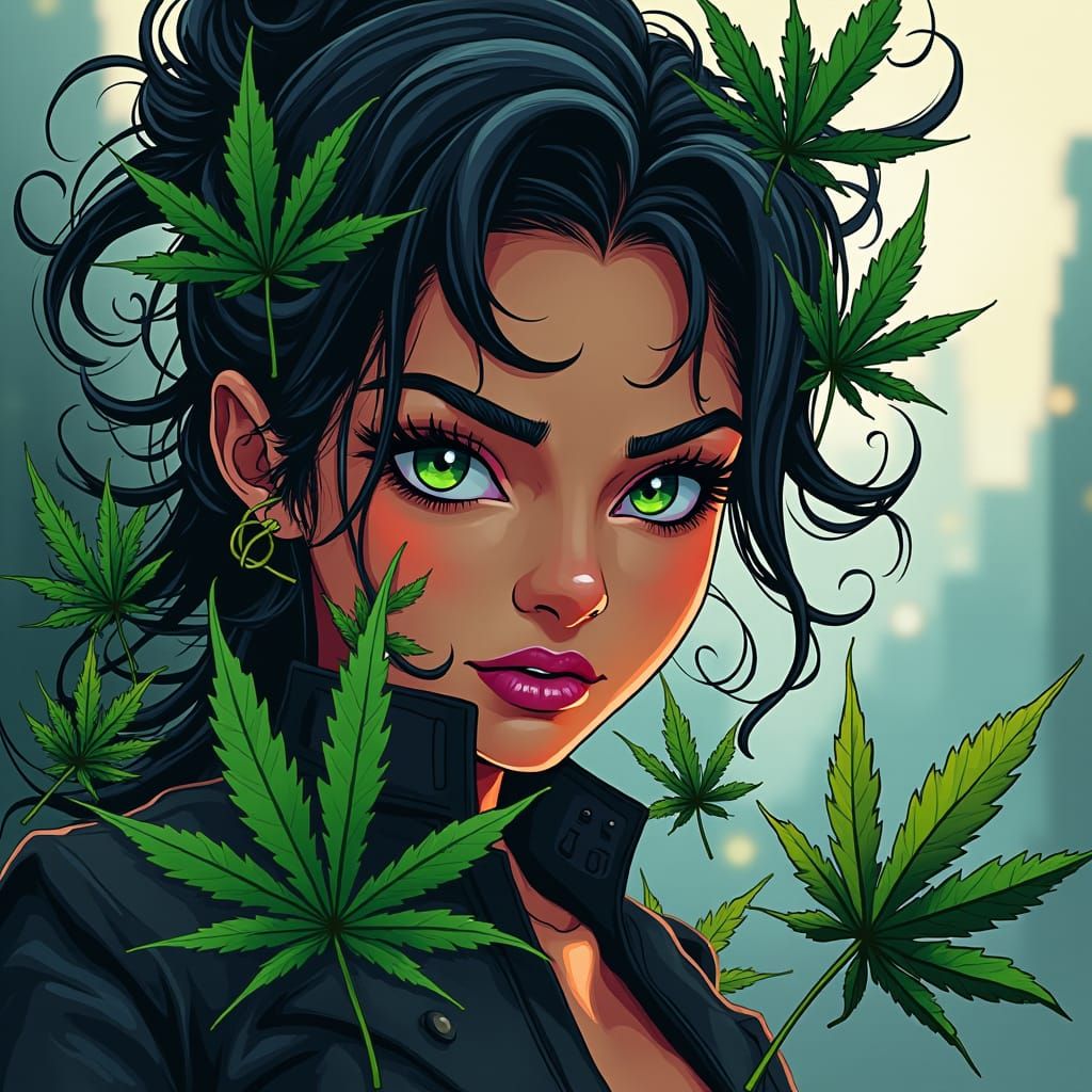 Woman Surrounded by Swirling Marijuana Leaves in Cyberpunk S...