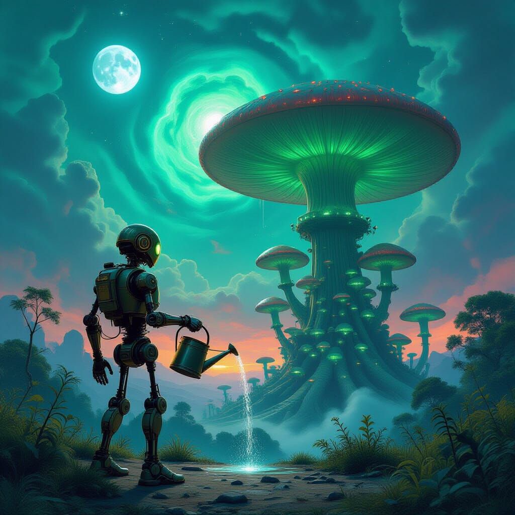 Automaton Tends Alien Bioluminescent Mushroom Forest