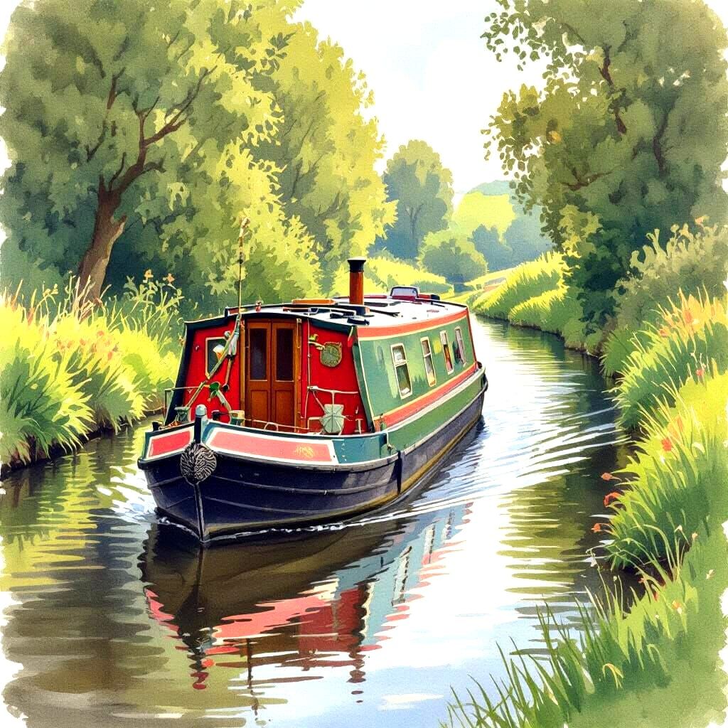 Idyllic Canal Scene: English Narrowboat in Watercolor