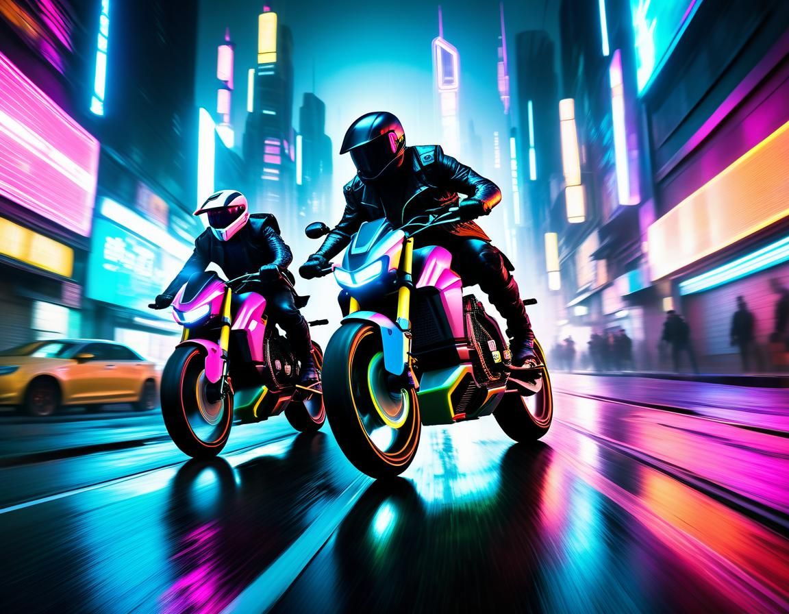 Cyberpunk Bikers Race Through Neon Cityscape