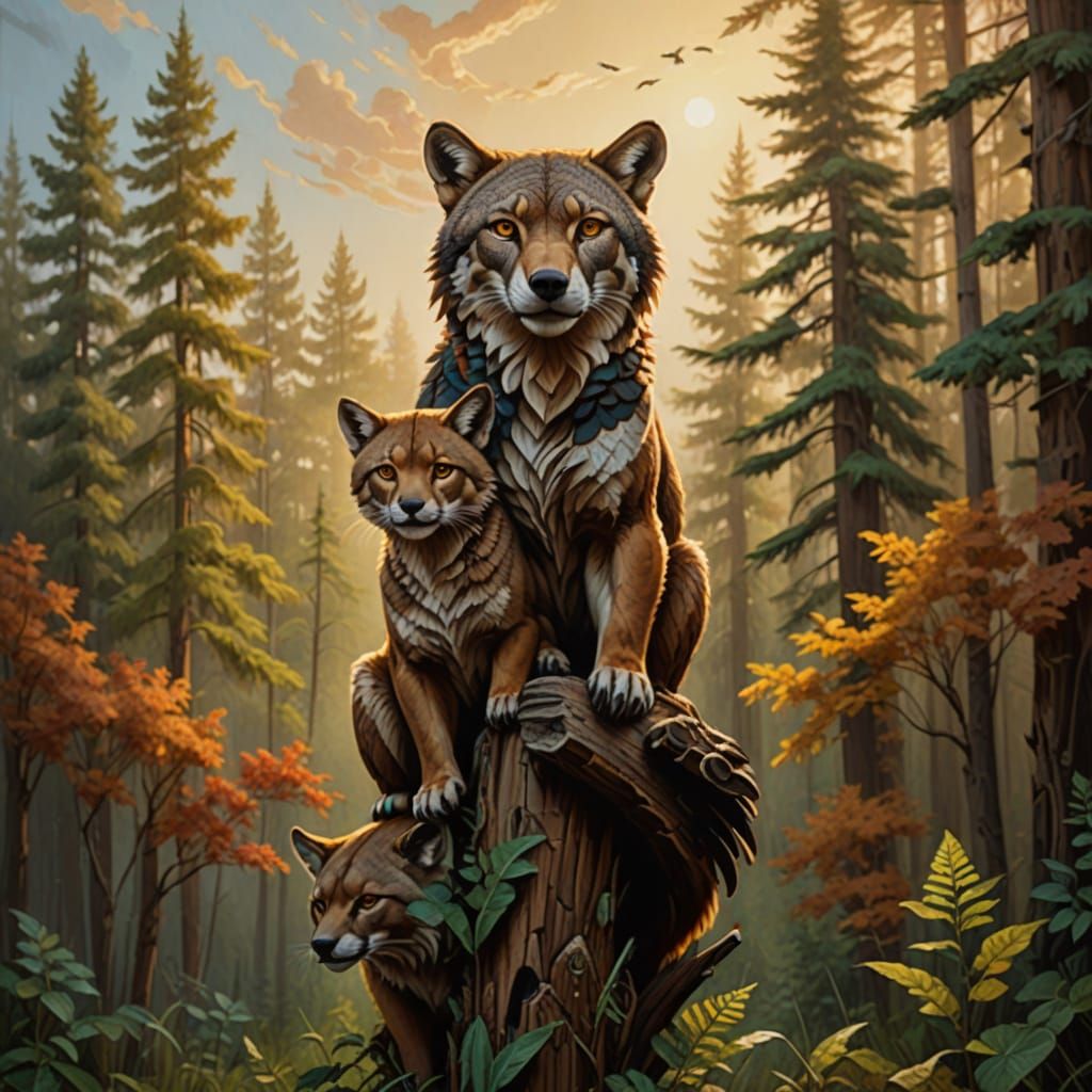 Earthly Totem Pole in Vibrant Oil Painting