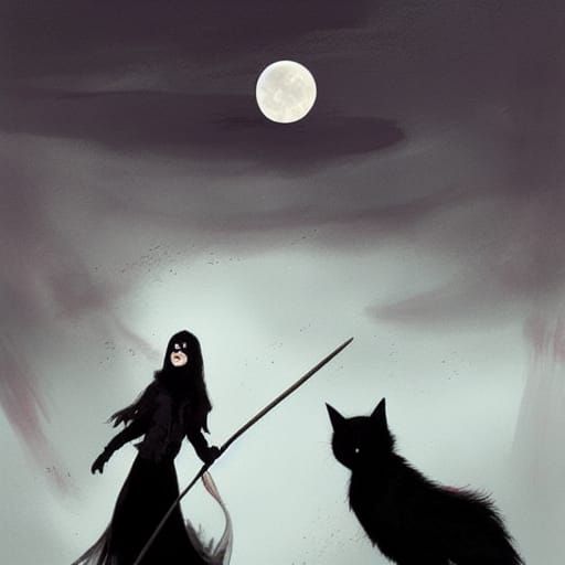 witch holding her broomstick with her black cat passing unde...