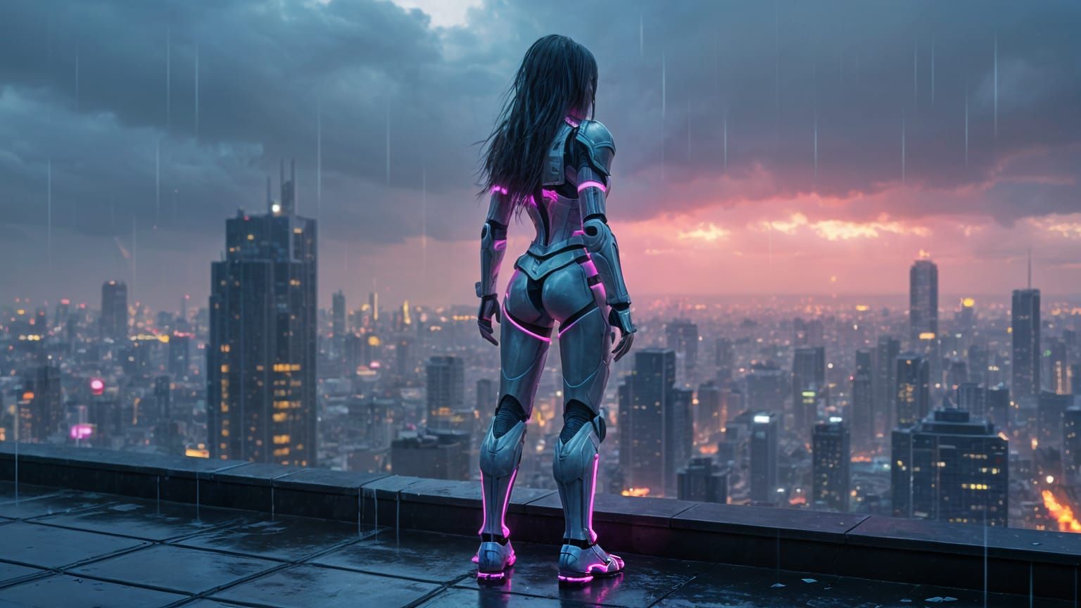 Epic Anime Warrior on Rainy Rooftop at Dusk