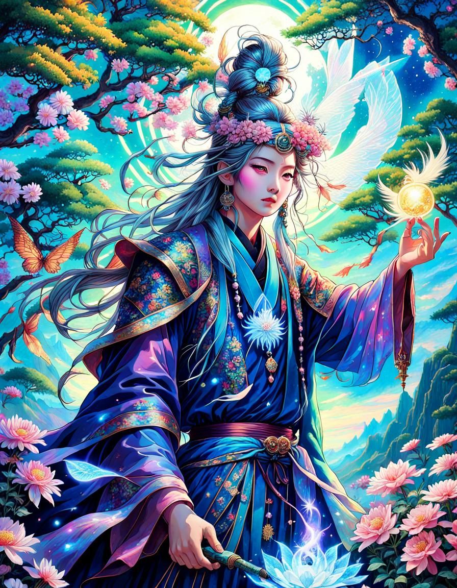 Ancient Oriental Wizard Casting Spell in Anime Style