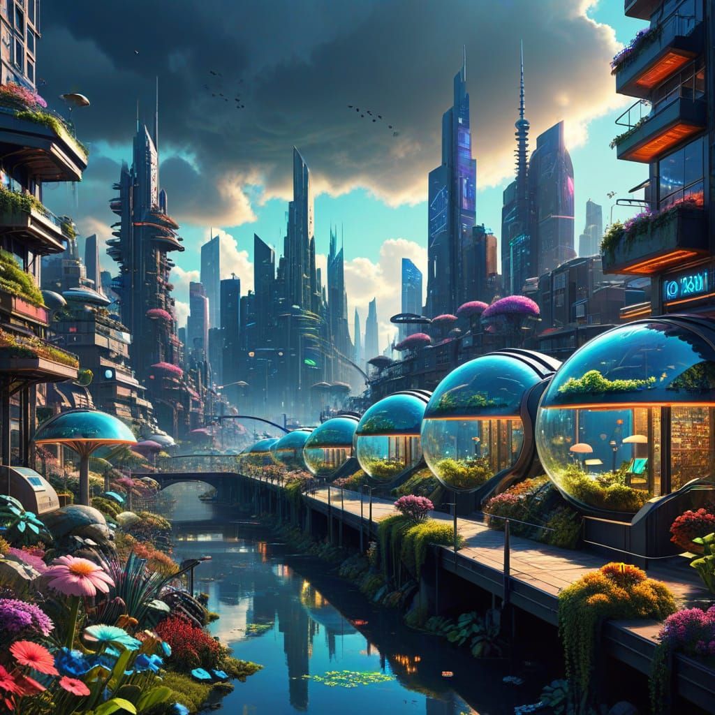 Eco-Utopian Cityscape in Vibrant Cyberpunk Style
