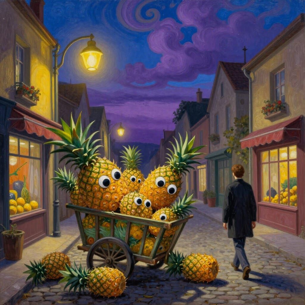 Surreal Oil Painting of Googly-Eyed Pineapples on Cobbleston...