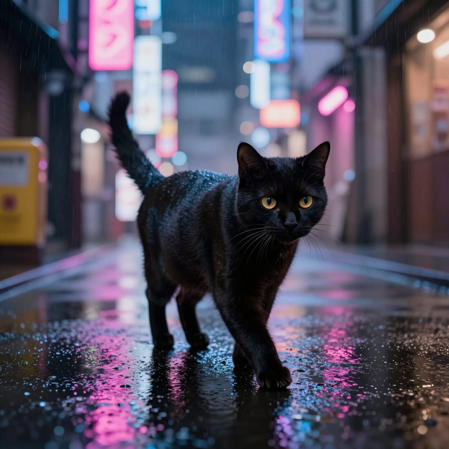 Black Cat in Neon Tokyo Alleyway at Night