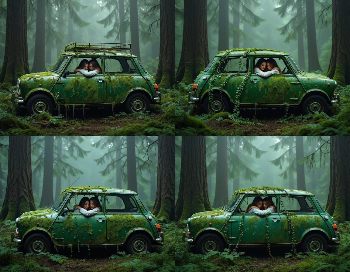 Abandoned Mini Cooper in Gloomy Forest