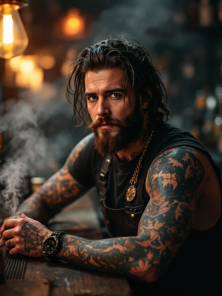 Gritty Bartender's Arm Tattoos in a Smoky Bar