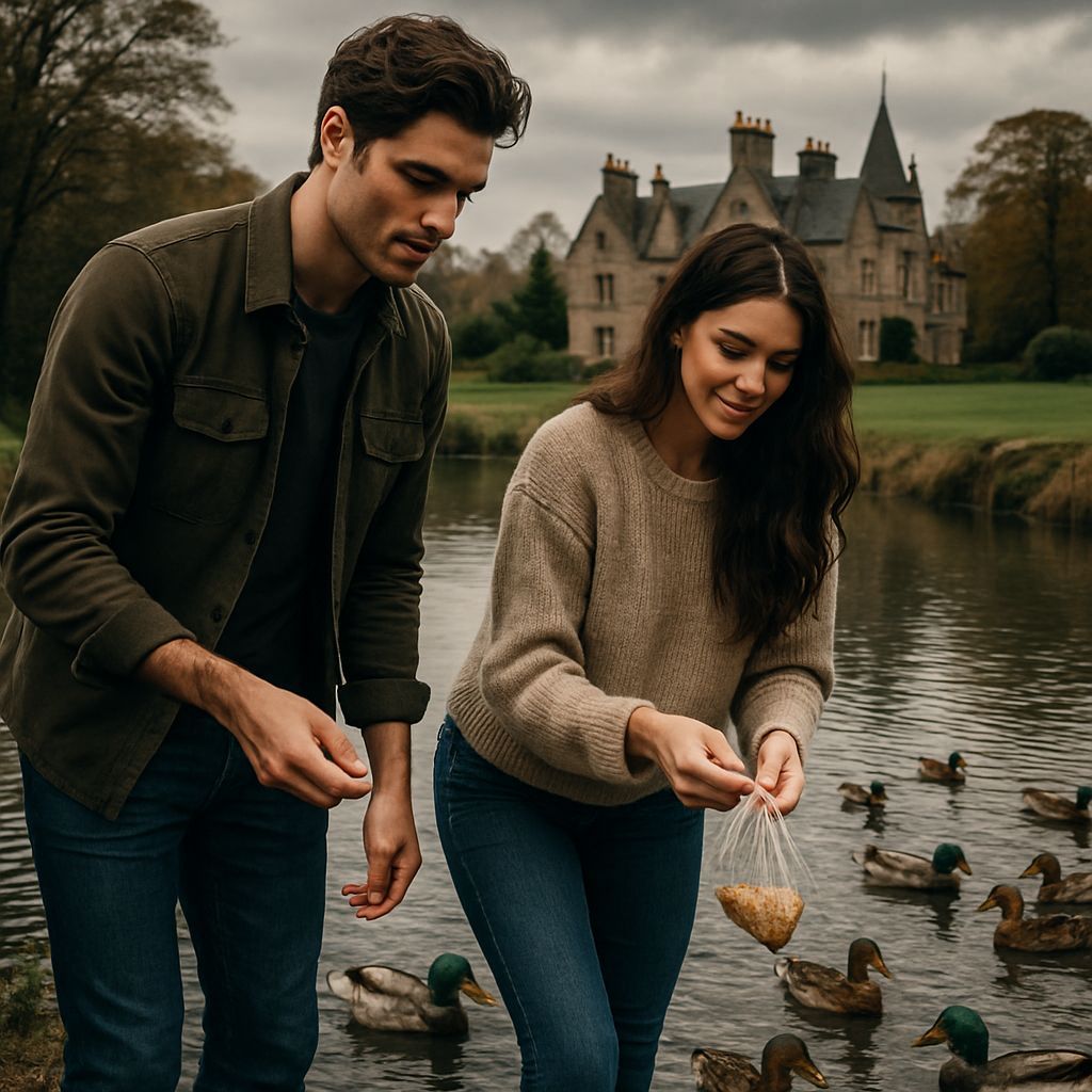 Couple Feeding Ducks at Scottish Estate