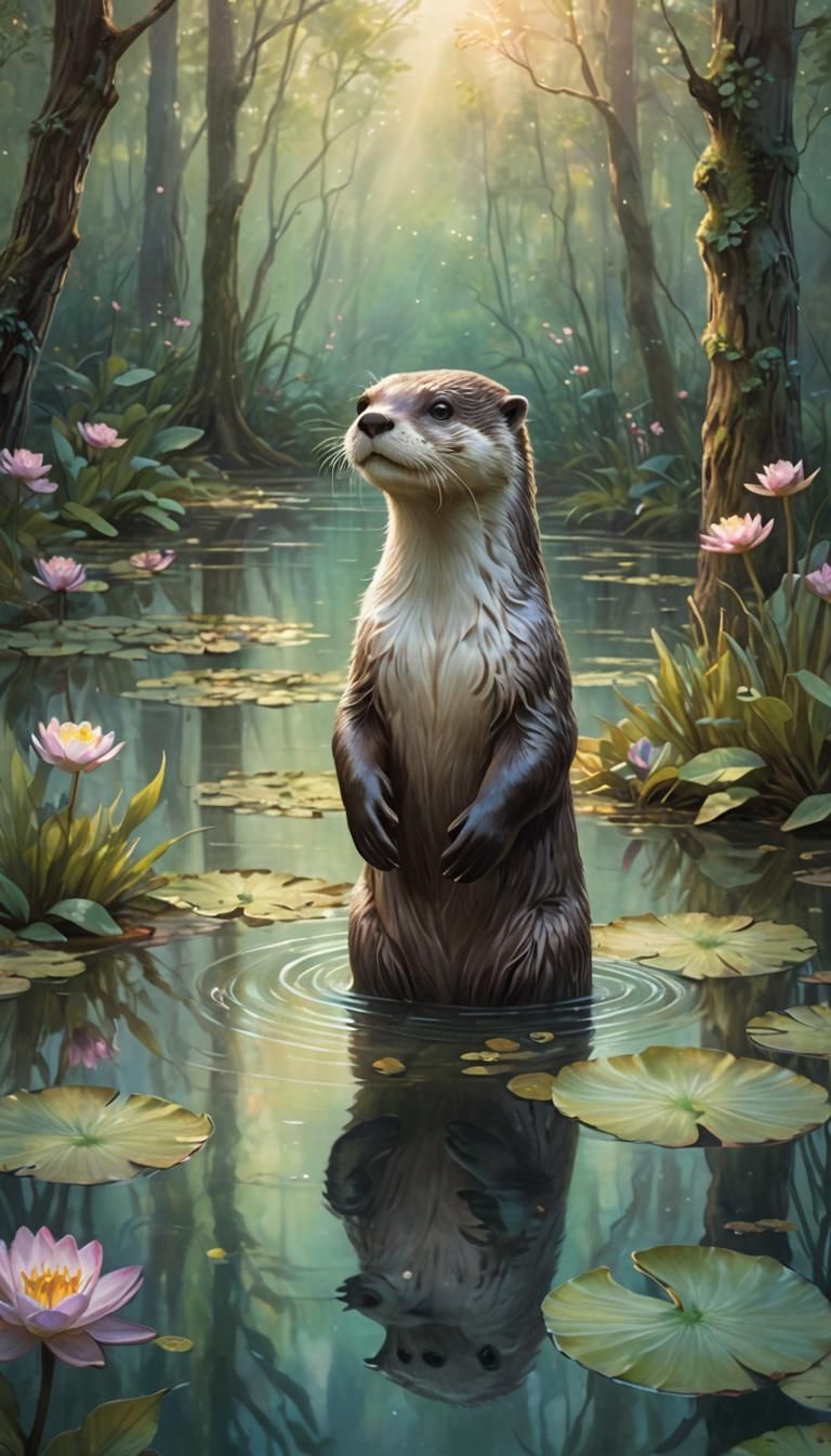 Mystical Otter in Dreamy Forest Pond