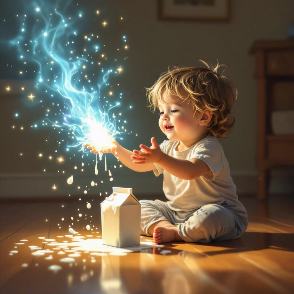 Child Magically Cleans Spilled Milk with Azure Light