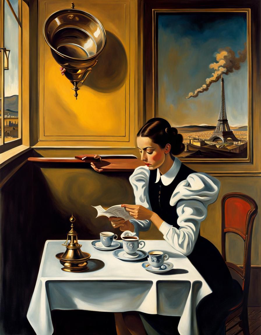Paris Cafe Scene with Coffee, Surrealist Style