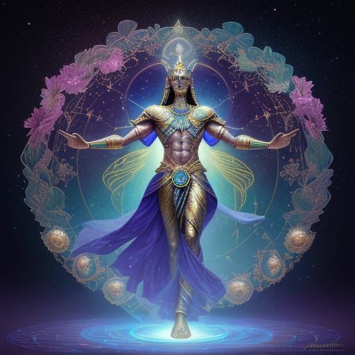 A holographic astral projection of a pharaoh, shimmering with cosmic energy, stands guard over a field of blooming lotus...