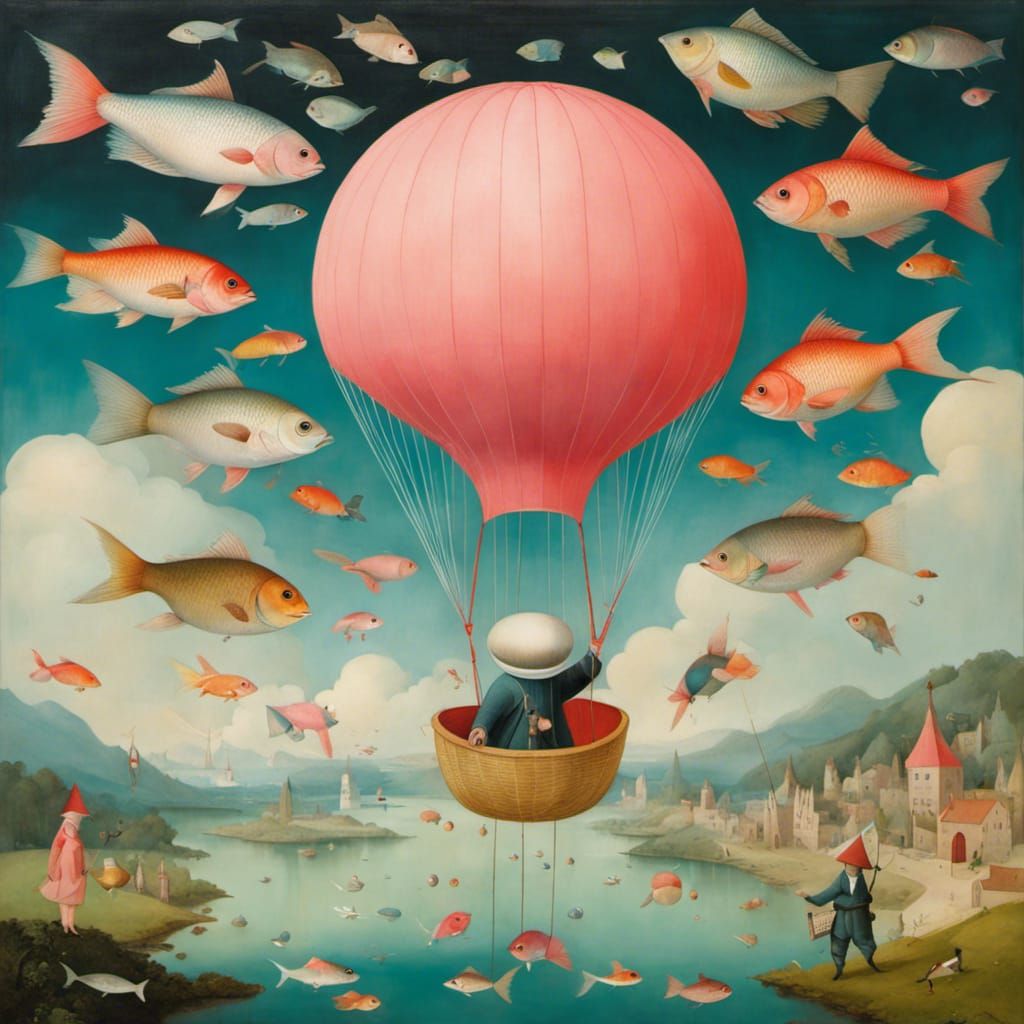 Fish Parachuting in Art Brut Style