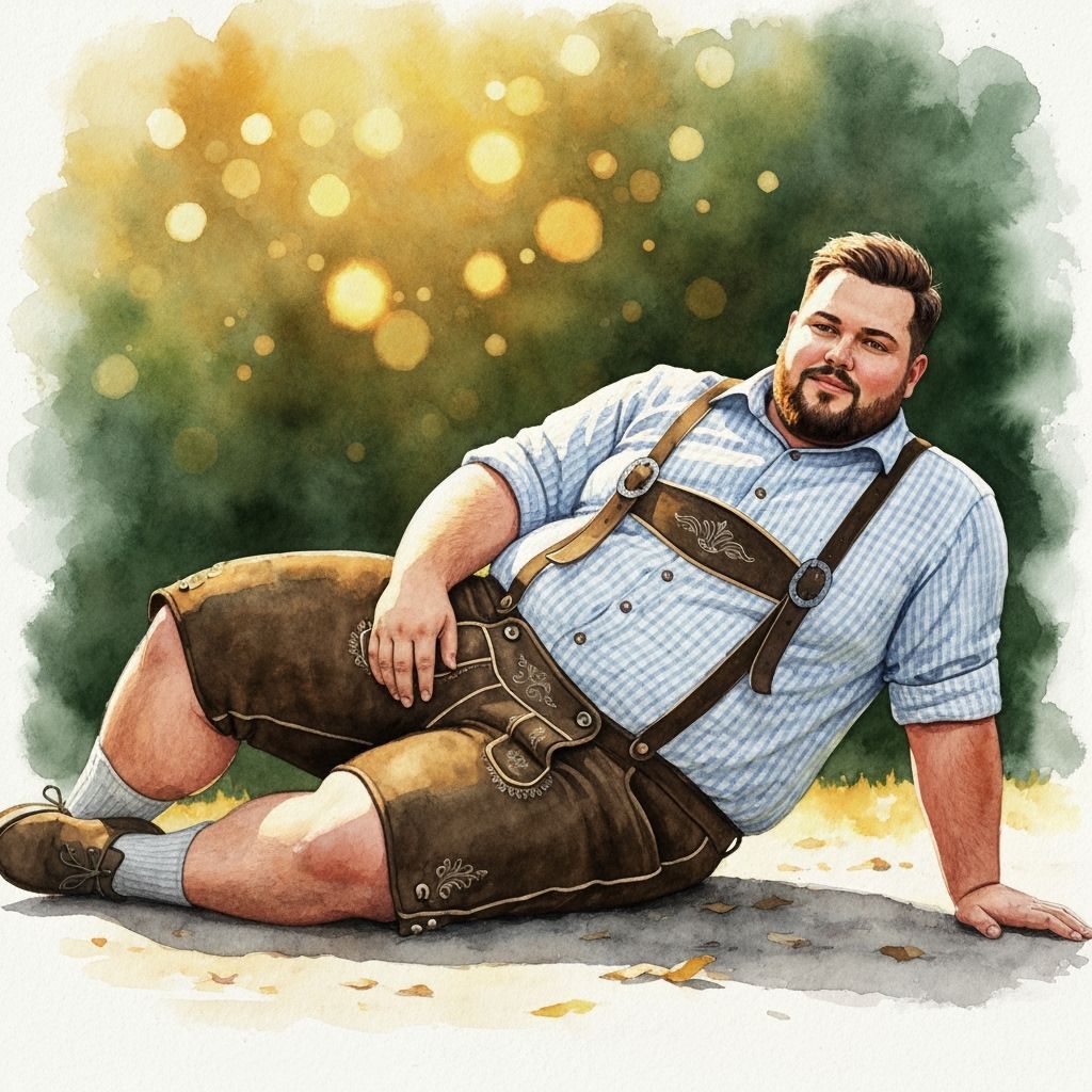 Bavarian Man Relaxing in Forest Sunlight, Watercolor Style