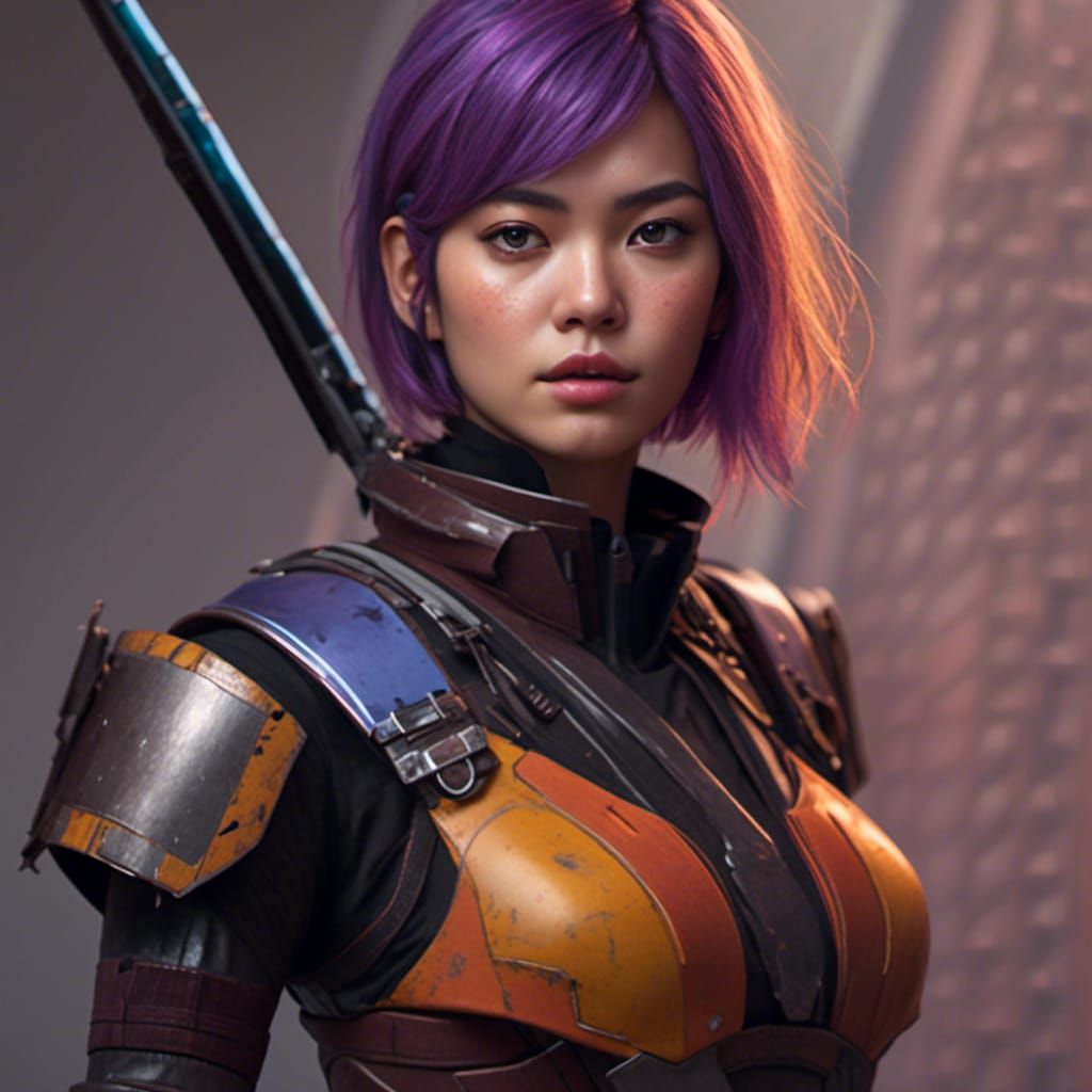 Natasha Liu Bordizzo as Sabine Wren with Darksaber